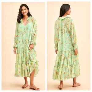 Free People Green and Yellow Tiered Ruffled Midi Dress